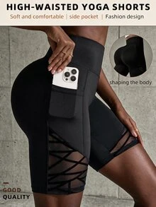 SHEIN Sports Flocked Mesh Splicing High Waist Seamless Sports Shorts - Black - View 2