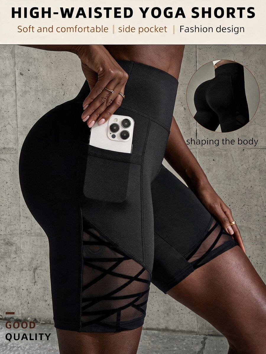 SHEIN Sports Flocked Mesh Splicing High Waist Seamless Sports Shorts - Black - View 1