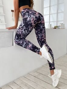 SHEIN 扎染跑步紧身裤 明线柔软 高弹力运动紧身裤 带侧手机口袋 女士瑜伽裤 - 彩色 - 查看 3