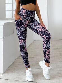 SHEIN 扎染跑步紧身裤 明线柔软 高弹力运动紧身裤 带侧手机口袋 女士瑜伽裤 - 彩色 - 查看 5
