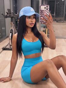 Core Rhythm Women's 2 Pieces Tank Top And Shorts Sports Modest Athleisure Set Gym Bright Blue Summer - Blue - View 5