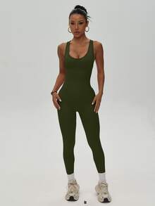 SHEIN Sports Women's Sleeveless Sexy Sports Jumpsuit - Army Green - View 8