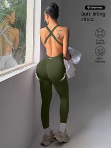 SHEIN Sports Women's Sleeveless Sexy Sports Jumpsuit - Army Green - View 9