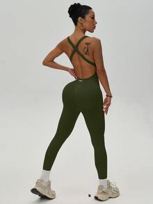 SHEIN Sports Women's Sleeveless Sexy Sports Jumpsuit - Army Green - View 6