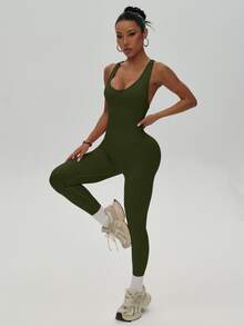 SHEIN Sports Women's Sleeveless Sexy Sports Jumpsuit - Army Green - View 7