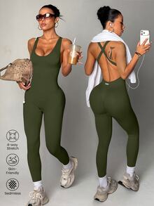 SHEIN Sports Women's Sleeveless Sexy Sports Jumpsuit - Army Green - View 3