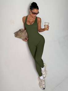 SHEIN Sports Women's Sleeveless Sexy Sports Jumpsuit - Army Green - View 10