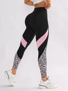 SHEIN Sports 有口袋的拼色豹紋瑜伽褲，適合運動 - 彩色 - 查看 2