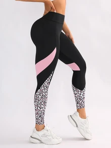 SHEIN Sports 有口袋的拼色豹紋瑜伽褲，適合運動 - 彩色 - 查看 6