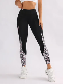 SHEIN Sports 有口袋的拼色豹紋瑜伽褲，適合運動 - 彩色 - 查看 4