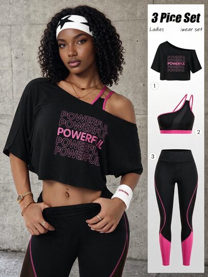 SHEIN Sports Women Letter Print Asymmetrical Collar Cropped T-Shirt + One Shoulder Vest + Leggings Sports Suit Workout Women Sets
