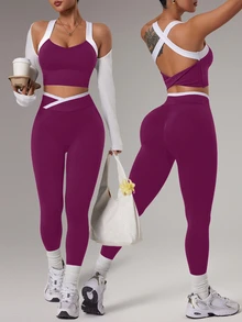 SHEIN Sports 1 Set Seamless Purple White Sports Set, Sleeveless Backless, Soft Comfortable Fit, Suitable For Workout, Running, Casual Sporty Sexy, Yoga Gym Summer - Red Violet - View 4