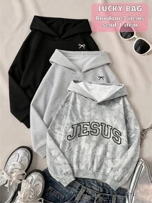 SHEIN Sparklyn 青少年女孩秋季耶穌標語大學風迷彩與乾葉印花美式校園風城市漫步街頭休閒校園運動風寬鬆舒適衛衣 秋冬款 - 彩色 - 查看 1
