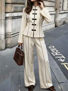 Penseblé Casual Elegant Chinese Style Frog Button Shirt + Long Pants Women's 2 Pieces Set Brunch Tea Party Fall Beige - Apricot - View 4