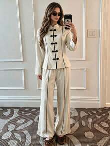 Penseblé Casual Elegant Chinese Style Frog Button Shirt + Long Pants Women's 2 Pieces Set Brunch Tea Party Fall Beige - Apricot - View 5