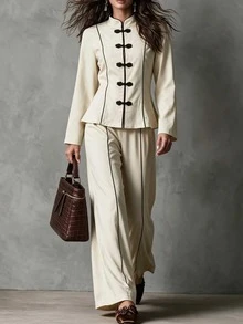 Penseblé Casual Elegant Chinese Style Frog Button Shirt + Long Pants Women's 2 Pieces Set Brunch Tea Party Fall Beige - Apricot - View 6