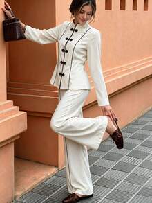Penseblé Casual Elegant Chinese Style Frog Button Shirt + Long Pants Women's 2 Pieces Set Brunch Tea Party Fall Beige - Apricot - View 3