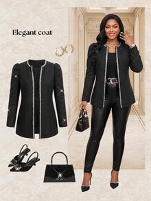 Fleurora Plus Size Elegant Vintage Colorblock Glitter Petal Sleeve Jacket Fall - Black - View 6