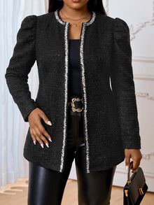 Fleurora Plus Size Elegant Vintage Colorblock Glitter Petal Sleeve Jacket Fall - Black - View 3