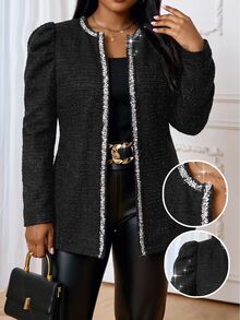 Fleurora Plus Size Elegant Vintage Colorblock Glitter Petal Sleeve Jacket Fall - Black - View 1