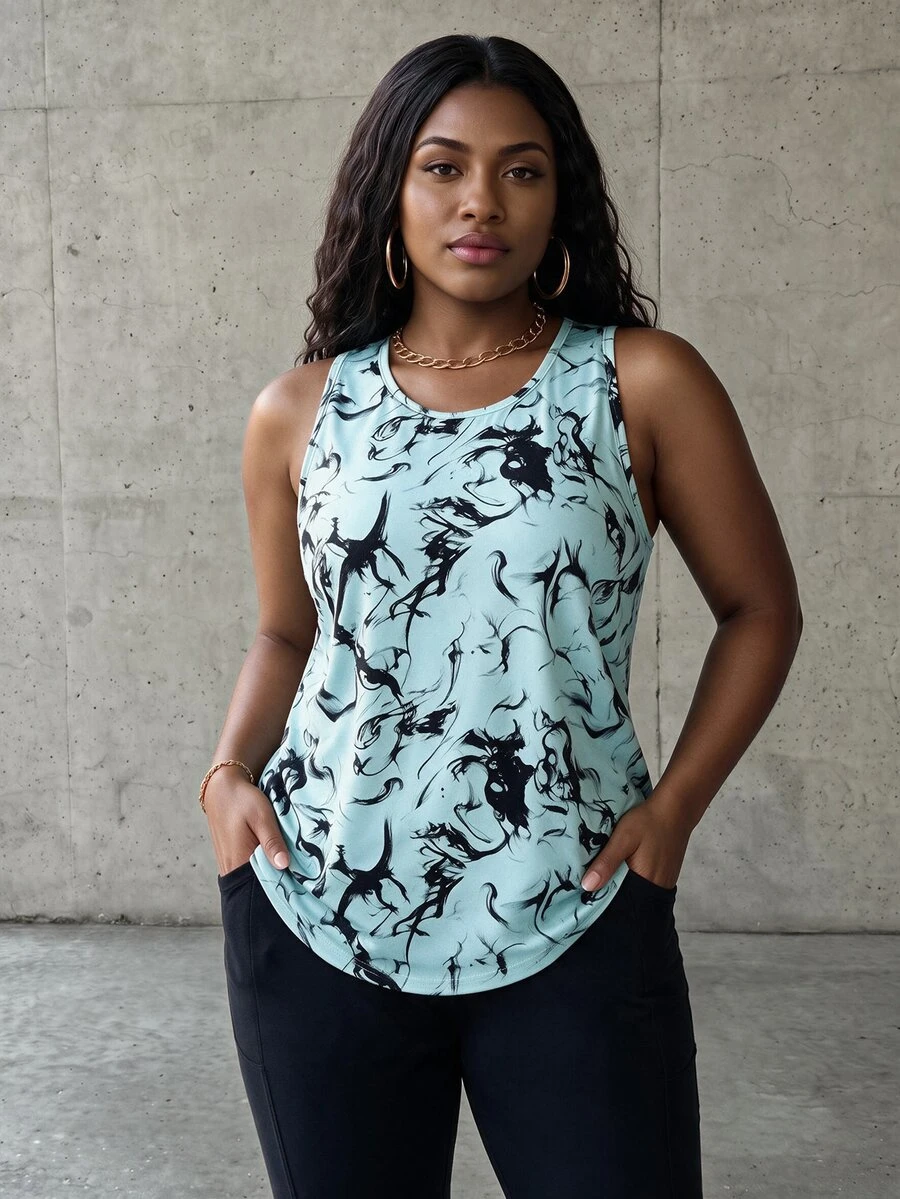 Core Rhythm Full Print Asymmetric Hem Round Neck Summer Sports Tank Top Glowmode Camo - Mint Blue - View 1