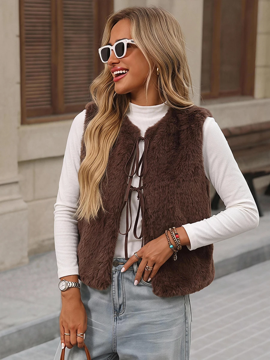 Brillora Rompi Jaket Bulu Imitasi Wanita Warna Polos dengan Tali Depan, Musim Gugur/Dingin - Coffee Brown - View 1