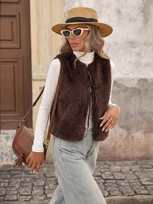 Brillora Rompi Jaket Bulu Imitasi Wanita Warna Polos dengan Tali Depan, Musim Gugur/Dingin - Coffee Brown - View 5