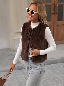 Brillora Rompi Jaket Bulu Imitasi Wanita Warna Polos dengan Tali Depan, Musim Gugur/Dingin - Coffee Brown - View 3