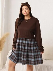 Comfylo Plus Size Fashion Plaid Patchwork Long Sleeve Dress Fall - Coffee Brown - View 3
