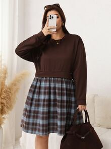 Comfylo Plus Size Fashion Plaid Patchwork Long Sleeve Dress Fall - Coffee Brown - View 5