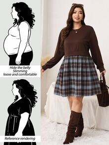 Comfylo Plus Size Fashion Plaid Patchwork Long Sleeve Dress Fall - Coffee Brown - View 7