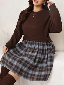 Comfylo Plus Size Fashion Plaid Patchwork Long Sleeve Dress Fall - Coffee Brown - View 6