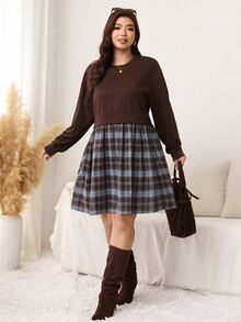 Comfylo Plus Size Fashion Plaid Patchwork Long Sleeve Dress Fall - Coffee Brown - View 4