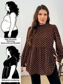 Easowa Curve Plus Size Autumn Casual Polka Dot Print Shirt Fall - Coffee Brown - View 9
