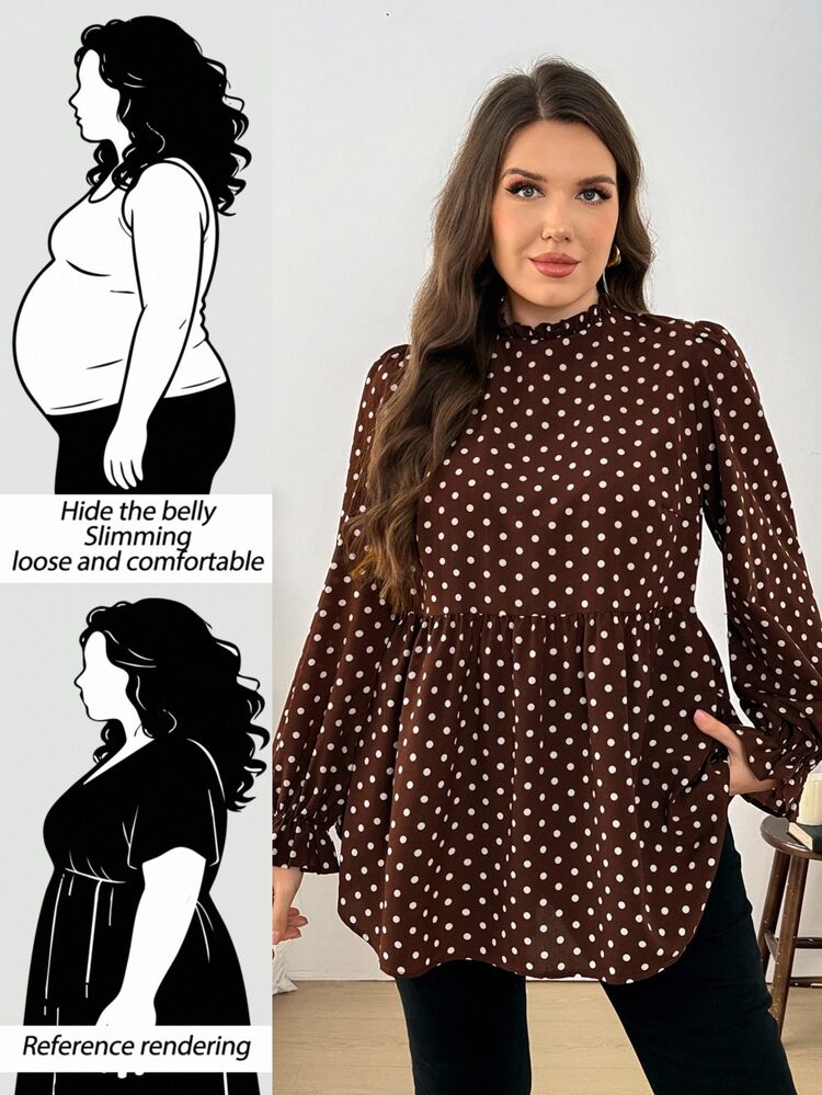 Easowa Curve Plus Size Autumn Casual Polka Dot Print Shirt Fall - Coffee Brown - View 9