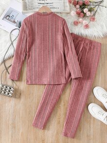 SHEIN 青少年女孩針織純色字母圖案圓領休閒T恤與修身休閒長褲2件套 - 粉色 - 查看 6