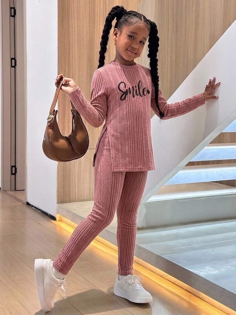 SHEIN Tween Girl Knit Solid Color Letter Graphic Crew Neck Casual T-Shirt & Fitted Casual Pants 2 Pieces Set - Pink - View 1