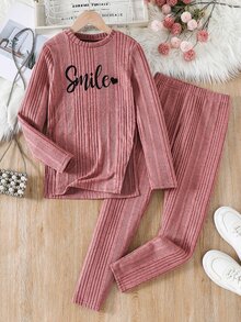 SHEIN 青少年女孩針織純色字母圖案圓領休閒T恤與修身休閒長褲2件套 - 粉色 - 查看 5