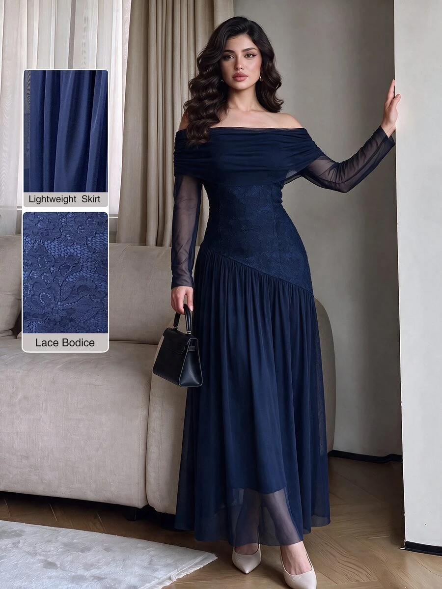 Modelyn Navy Blue Off-Shoulder Mesh Long Sleeve Lace Waist-Cinching Asymmetrical Full Skirt Ankle-Length Dress Wedding Cocktail Autumn Elegant Sexy