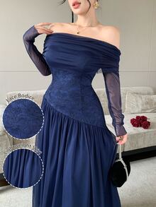 Modelyn Navy Blue Off-Shoulder Mesh Long Sleeve Lace Waist-Cinching Asymmetrical Full Skirt Ankle-Length Dress Wedding Cocktail Autumn Elegant Sexy - Royal Blue - View 4