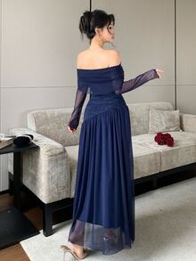 Modelyn Navy Blue Off-Shoulder Mesh Long Sleeve Lace Waist-Cinching Asymmetrical Full Skirt Ankle-Length Dress Wedding Cocktail Autumn Elegant Sexy - Royal Blue - View 3