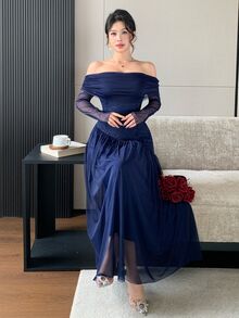 Modelyn Navy Blue Off-Shoulder Mesh Long Sleeve Lace Waist-Cinching Asymmetrical Full Skirt Ankle-Length Dress Wedding Cocktail Autumn Elegant Sexy - Royal Blue - View 5