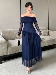 Modelyn Navy Blue Off-Shoulder Mesh Long Sleeve Lace Waist-Cinching Asymmetrical Full Skirt Ankle-Length Dress Wedding Cocktail Autumn Elegant Sexy - Royal Blue - View 6