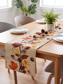 Autumn Leaves Table Runner, European Style Fall Foliage Design, 100% Line Woven Rectangular Tablecloth, For Holiday Party, Kitchen, Fireplace, Dining Room Decor, Farmhouse Home Decoration - Multicolor - View 6