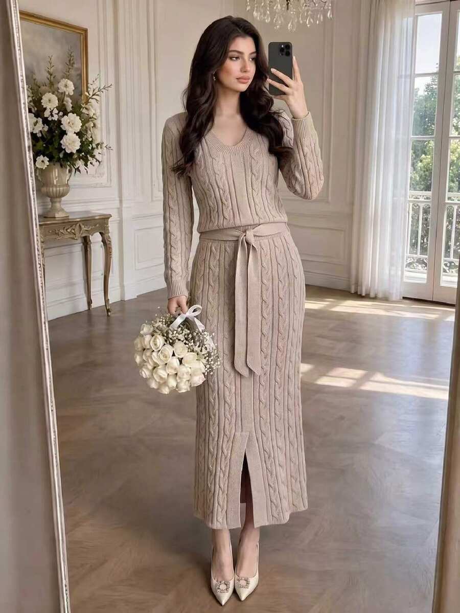 Modelyn Women's Premium V-Neck Cable Knit Long Bodycon Sweater 2 Pieces Set, Autumn/Winter - Khaki - View 1