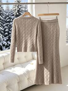 Modelyn Women's Premium V-Neck Cable Knit Long Bodycon Sweater 2 Pieces Set, Autumn/Winter - Khaki - View 2