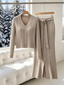 Modelyn Women's Premium V-Neck Cable Knit Long Bodycon Sweater 2 Pieces Set, Autumn/Winter - Khaki - View 3