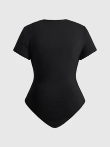 ROMWE Grunge Punk Plus Size Y2K Punk Pentagram Hollow Design Sexy Fitted Bodysuit Solid Color Versatile - Black - View 6
