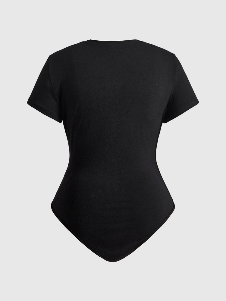 ROMWE Grunge Punk Plus Size Y2K Punk Pentagram Hollow Design Sexy Fitted Bodysuit Solid Color Versatile - Black - View 6