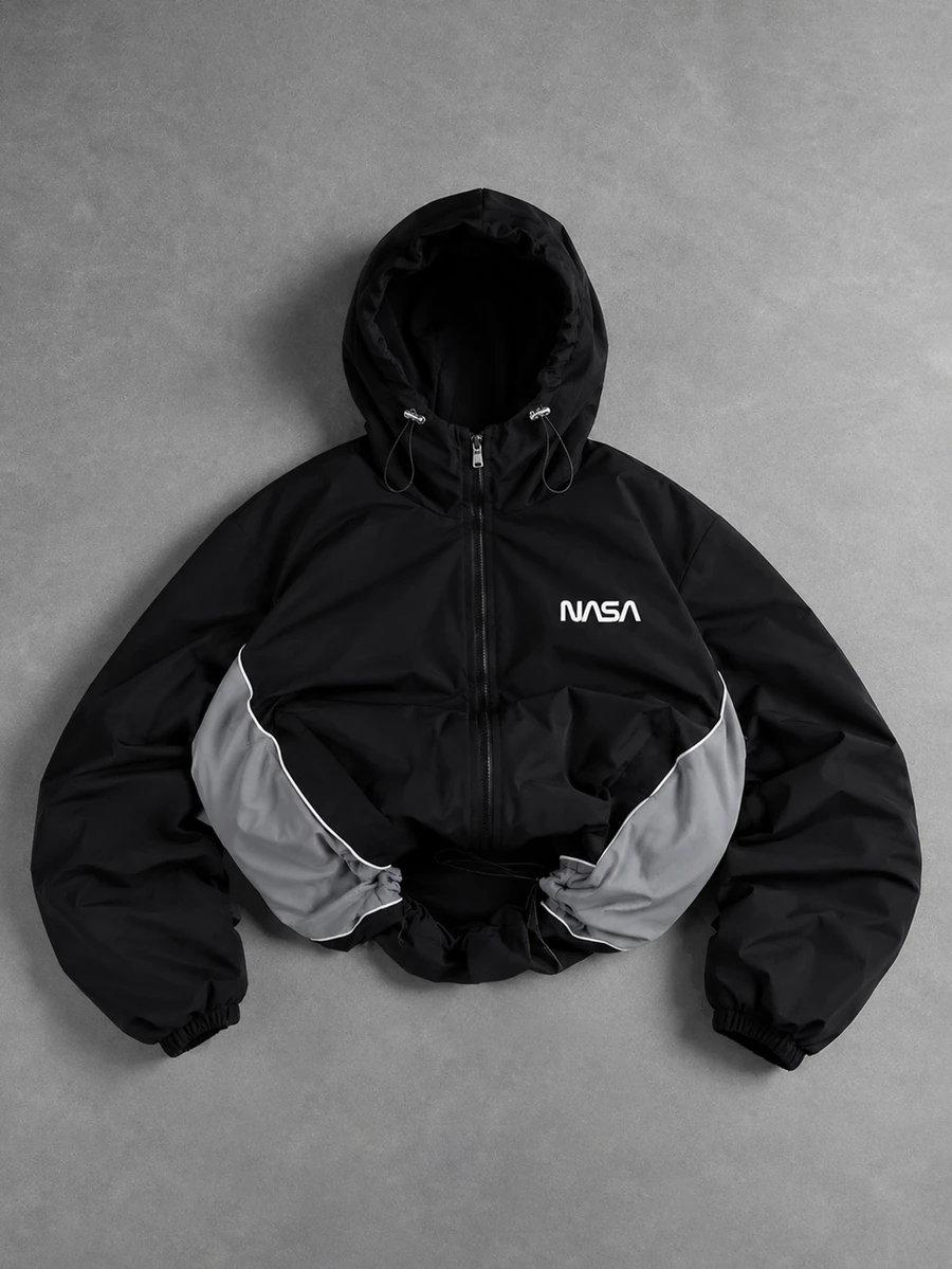 Manfinity Roghcode Men's Colorblock Hooded Jacket, Letter Print Design, Full Zip Drawstring Hem, Colorblock Patchwork, Dropped Shoulder Woven Jacket, Suitable For Daily Wear, Outings, Sports Casual, School, Parties, Music Festivals, Casual. Can Be Given As A Gift To Friends, Boyfriend - Black - View 1